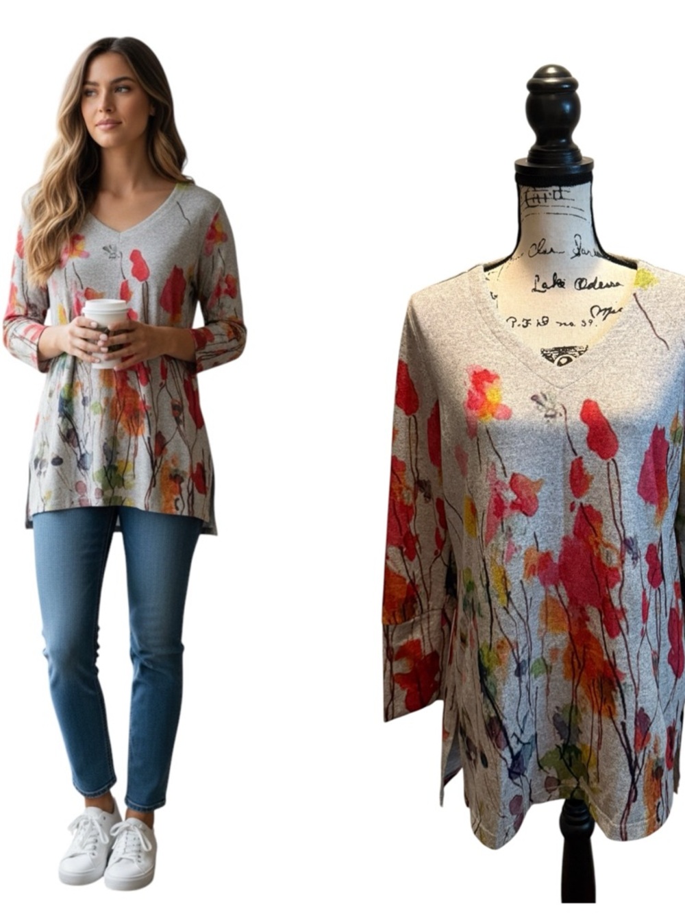 Soft Surroundings Floral Tunic Knit Top poppy Fields Gray size Medium Watercolor